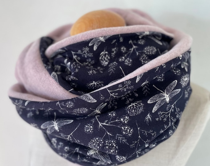 Loop tube scarf loop scarf jersey scarf reversible scarf fleece dragonfly blue purple pink winter scarf gift
