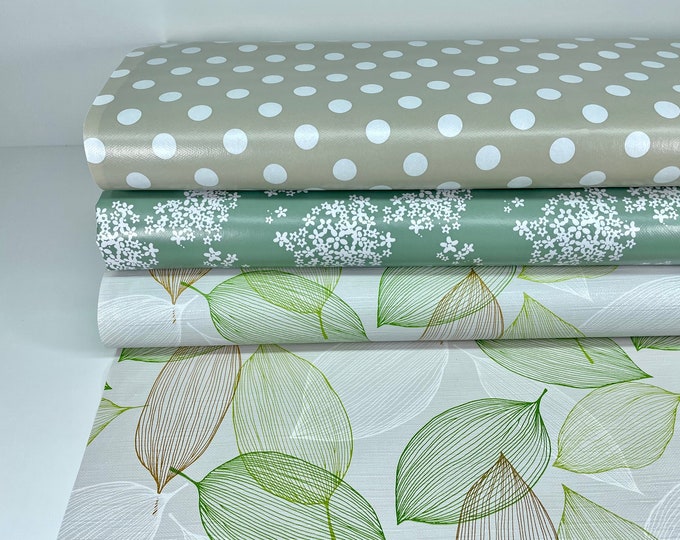 Oilcloth tablecloth cut-out fabric oilcloth PVC green flowers leaves pastel beige taupe dots stripes grey striped