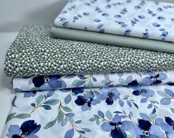 Cotton Fabric by the Meter Watercolor Eucalyptus Blue Gray
