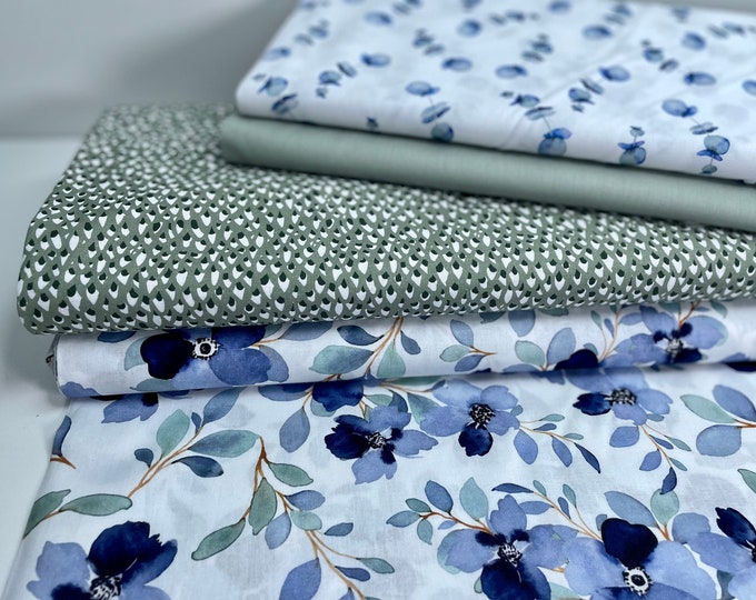 Cotton Fabric Meterage Watercolor Eucalyptus Blue Gray