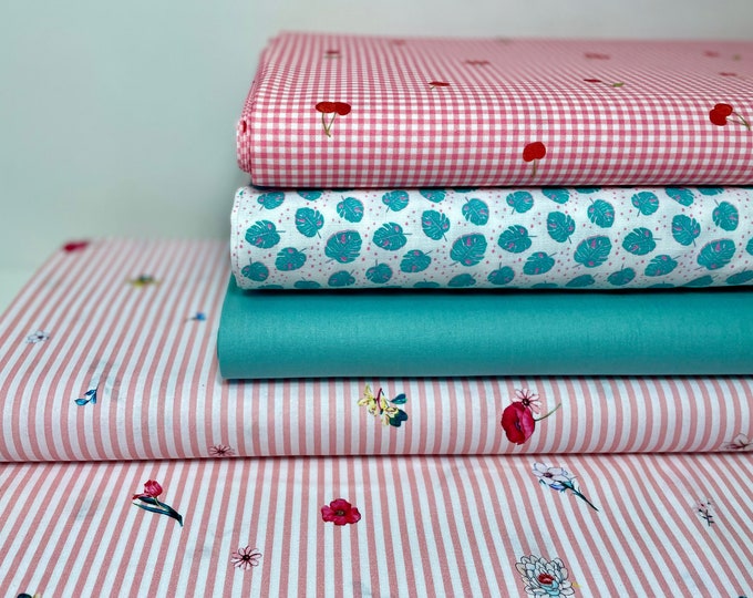 Cotton Fabric Patchwork Meterware Poplin Red Pink Check Flowers Cherries Digital Print Stripes