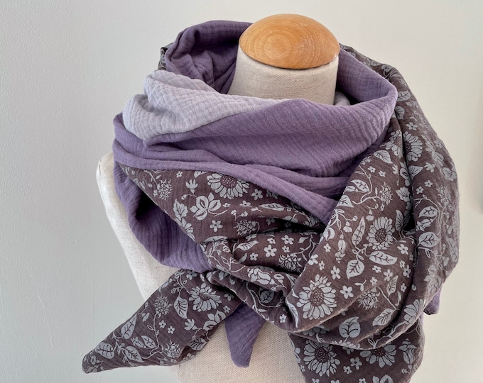 Muslin cloth XXL wrap scarf loop scarf grey cotton scarf purple lilac scarf stole summer scarf triangular scarf