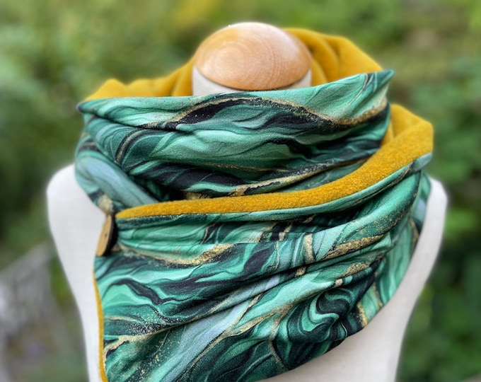 Wrap Scarf Triangle Scarf Button Scarf Knitted Scarf Loop Reversible Scarf Green Black Gold Yellow Autumn Winter Fleece Jersey Scarf