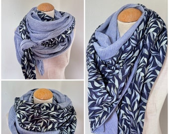 Muslin scarf XXL wrap scarf triangle loop scarf green reed blue denim blue pastel tone cotton scarf stole summer scarf triangular scarf