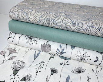 Tela decorativa, lona, tela para bolsos, algodón, se vende por metro, azul, azul marino, náutico, flores, conchas, olas, hojas, verde, pastel