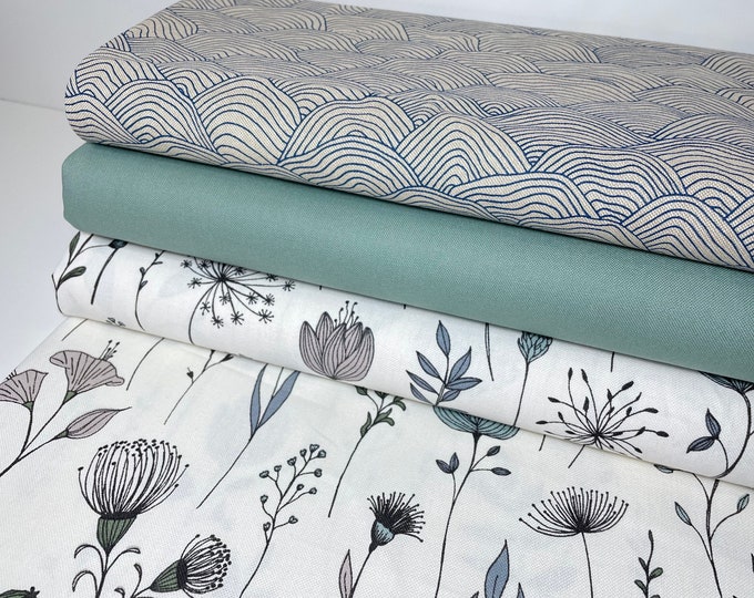 Decorative fabric canvas bag fabric cotton by the meter blue marine maritime flowers shells waves leaves green pastel