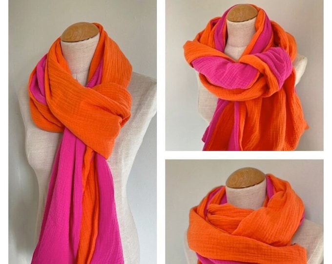 Schal Stola Musselintuch XXL Wickelschal  Loopschal Pink Fuchsia Orange Rosa Baumwolle Sommertuch