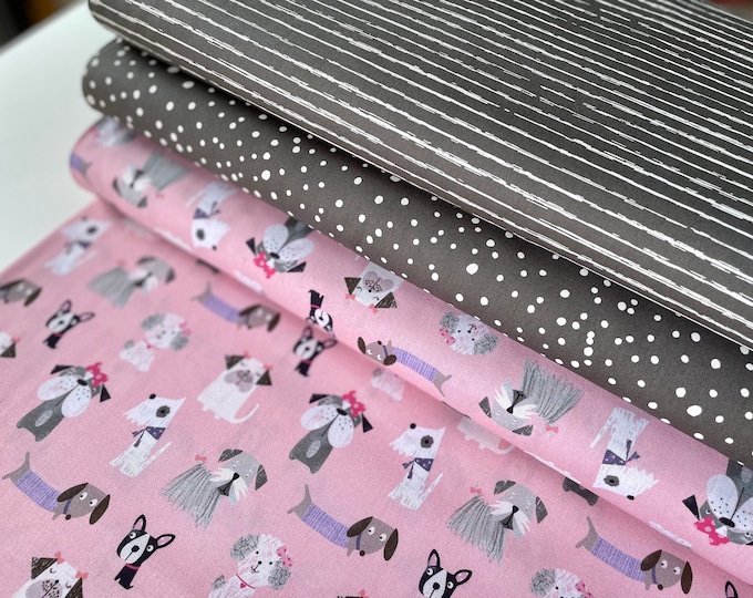 Cotton Fabric Dogs Pink Grey Patchwork Fabric Cotton