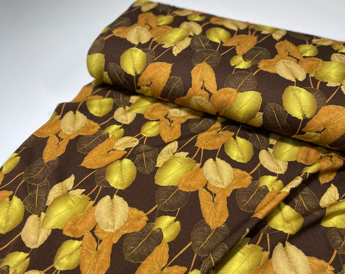 1 MeterJersey Viscose Orange Brown Leaves Jungle Dress Sewing
