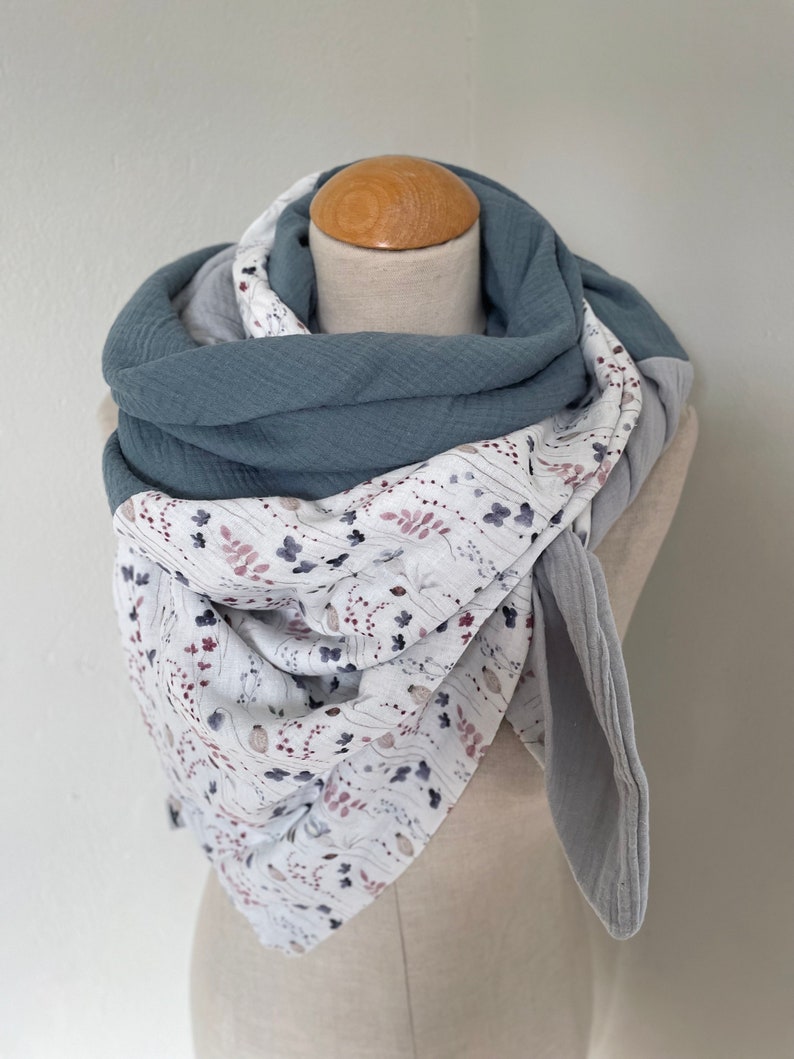 Muslin cloth XXL wrap scarf triangle loop scarf beige blue blue gray dust pastel tone cotton scarf stole summer cloth triangular scarf image 6