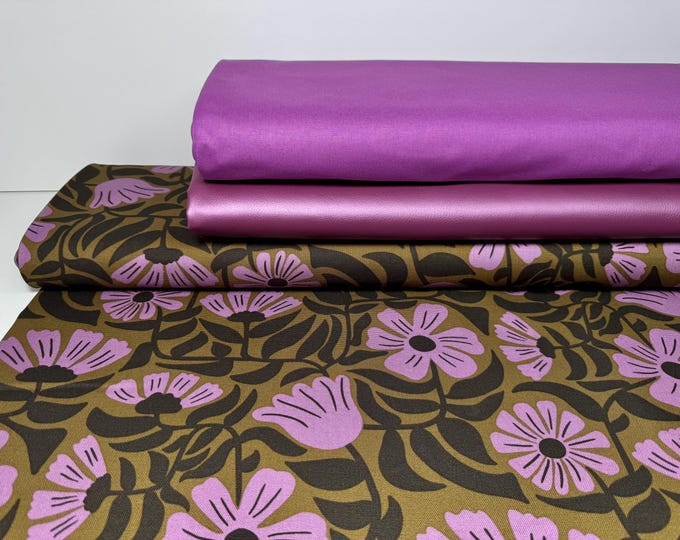 Decorative fabric, canvas, bag fabric, cotton, sold by the meter, lilac, curry, mustard yellow, green, pink, flowers, leaves, purple, green, pink, cushion, tablecloth