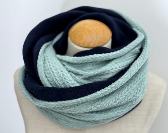 Loop Navy Blue Mint Sage Reed Loop Scarf Tube Scarf Reversible Scarf Knitted Jersey Fleece Winter Warm Gift Cable Knit Soft