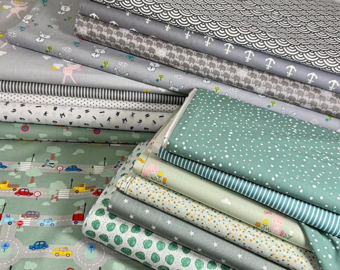 2 METER Cotton Fabric Package SALE Green Pastel Cotton Fabric Stripes Lines Fabric Package Patchwork Children's Fabric Old Green GREY Graphic