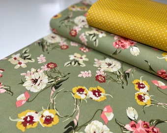 Beschichtete Baumwolle Wachstuch Acryl Taschenstoff Tischdecke Garten Meterware waschbar Tischtuch Grün Schilf Vintage Blumen Gelb Punkte