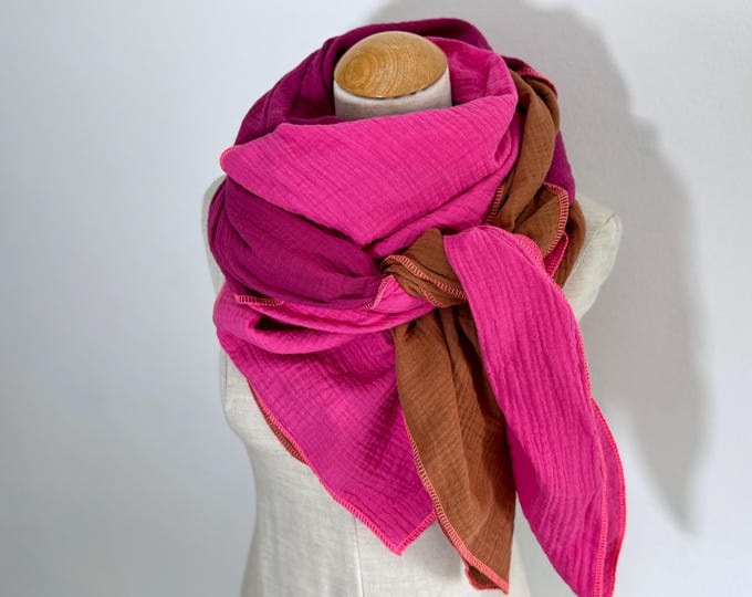 Muslin cloth XXL wrap scarf triangle loop scarf pink fuchsia orange rust pink cognac brown cotton scarf stole summer scarf triangular scarf