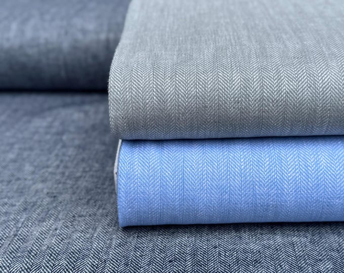 Linen Fabric Herringbone Classic Soft Grey Jeans Blue Navy Trousers Dress Cushion Curtain Sewing