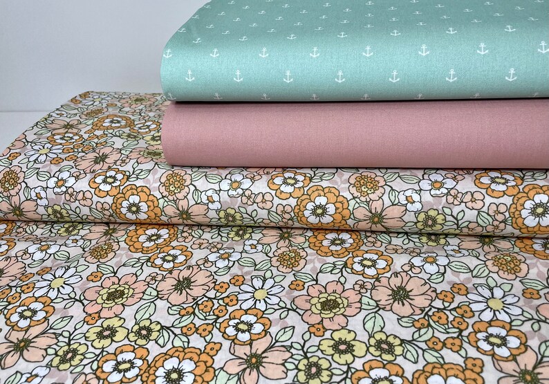 Cotton Poplin Cotton Fabric by the Meter Flowers Retro Orange Salmon Pink Anchor Mint Dress Skirt Girls Cushion image 3