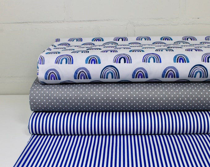 Cotton Fabric Meterage Watercolor Rainbow Blue Gray
