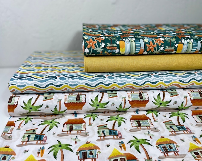 SALE 1m Cotton Fabric Bundle Hawaii Aloha Palm Trees Surfing Beach Waves Summer Patchwork Fabric Cotton