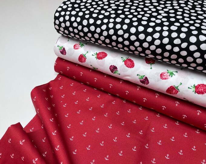 Cotton Fabric Patchwork Meterware Anchor Raspberries Red White Black Maritime Dots Dotted