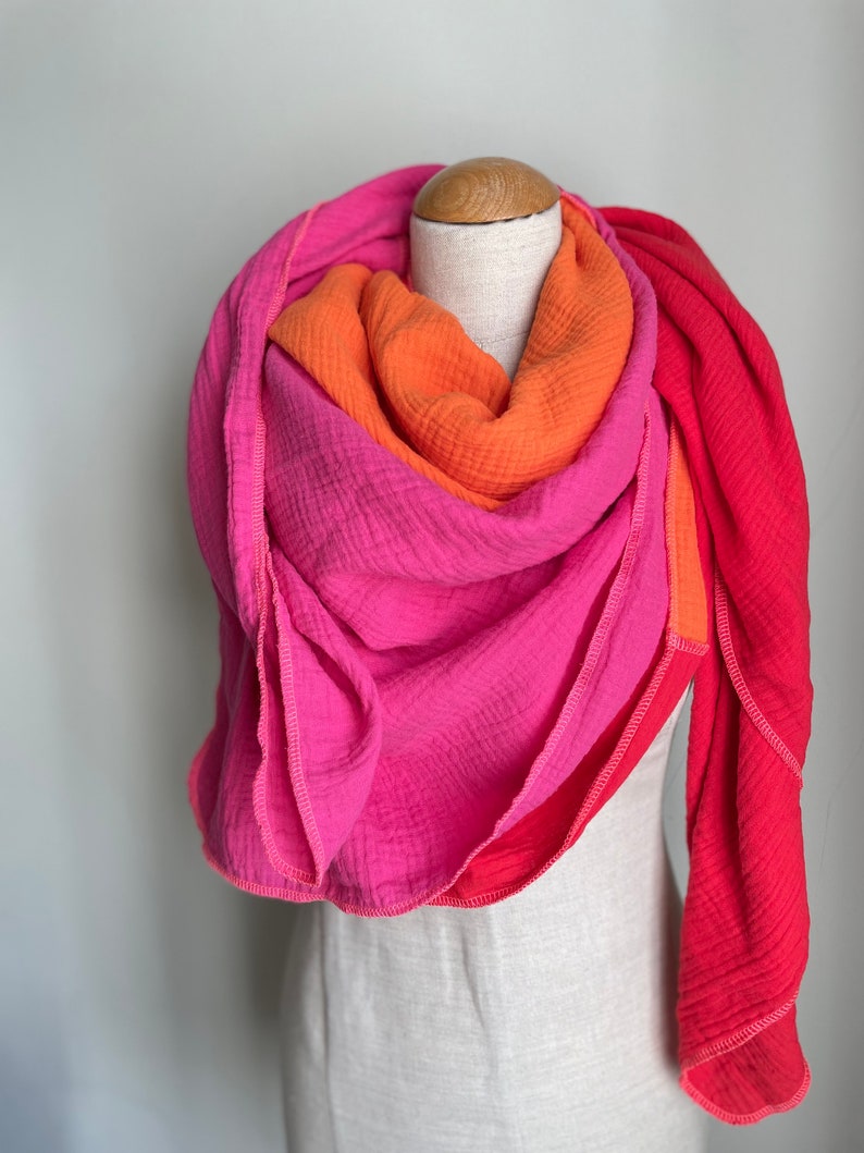 Muslin cloth XXL wrap scarf triangle loop scarf pink fuchsia orange rust pink cotton scarf stole summer scarf triangular scarf image 4