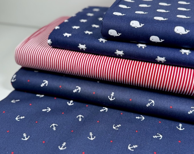 Cotton Fabric Patchwork Meterware Maritime Crab Cancer Whale Stripes Anchor Blue Marine Striped Sea Fish Animals Children's Fabric
