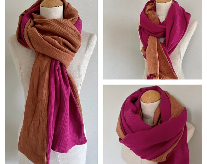 Scarf Stole Muslin Cloth XXL Wrap Scarf Loop Scarf Fuchsia Rust Brown Cotton Summer Scarf