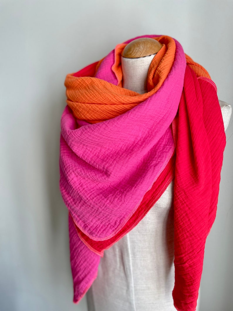 Musselintuch XXL Wickelschal Dreieck Loopschal Pink Fuchsia Orange Rost Rosa Baumwolle Schal Stola Sommertuch Dreieckstuch zdjęcie 8