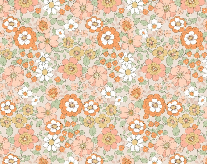 SALE Remnant 90 cm Cotton Poplin Cotton Fabric by the Meter Floral Retro Orange Salmon Pink