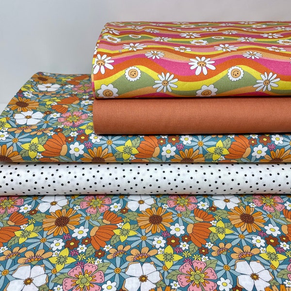 Tissu en coton patchwork vendu au mètre, paquet de tissu coloré Flower Power rétro orange rouille marron