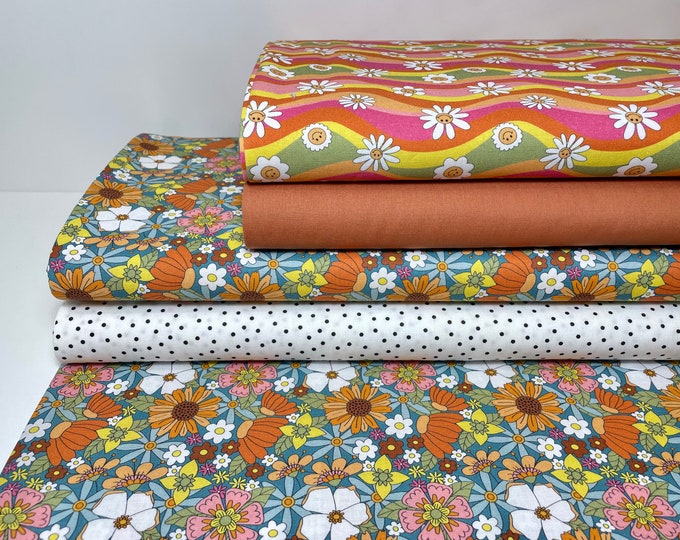 Cotton Fabric Patchwork Meterware Colorful Flower Power Retro Orange Rust Brown Fabric Package