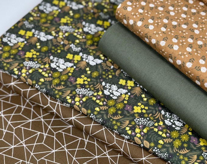 Cotton Fabric Patchwork Brown Green Graphic Lines Flowers Khaki Fabric Cotton