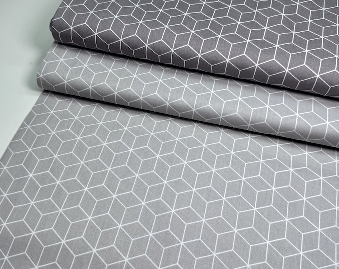 SALE 1 m Cotton Fabric Patchwork Beige Taupe Cube Graphic Brown Natural