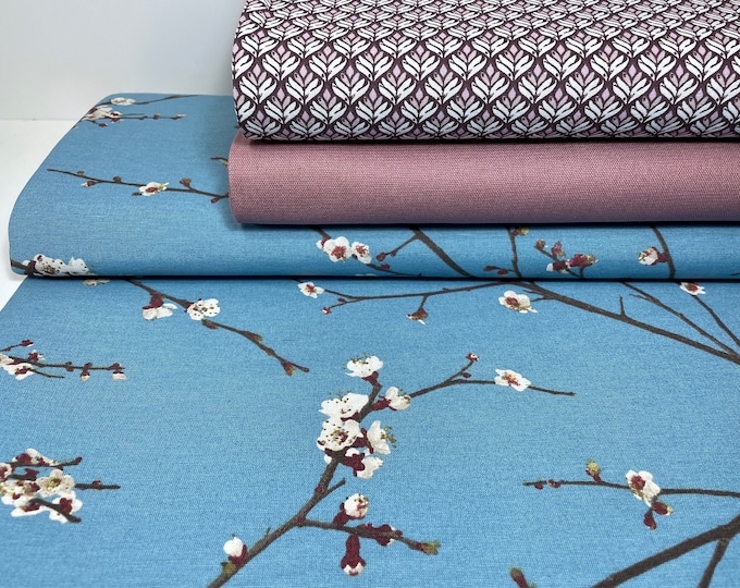 Decorative Fabric Canvas Bag Fabric Cotton Sold by the Meter Pink Mallow Mauve Dusty Pink Cherry Blossom Blue