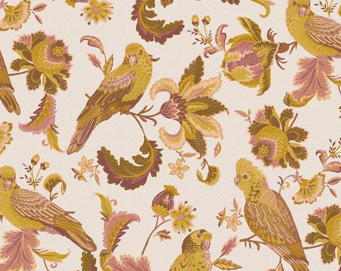 SALE 1m Cotton Fabric Yellow Bird Jungle Pink