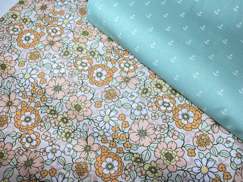 Cotton Poplin Cotton Fabric by the Meter Flowers Retro Orange Salmon Pink Anchor Mint Dress Skirt Girls Cushion image 6