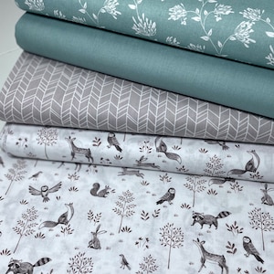 Cotton Fabric Green Pastel Cotton Fabric Birds Fabric Package Combination Fabrics Forest Animals Raccoon Fox Deer Mint Watercolor Eucalyptus