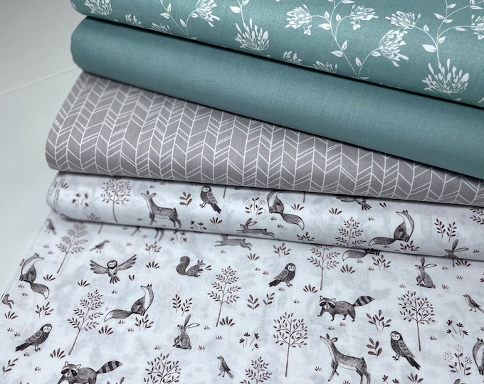 Cotton Fabric Green Pastel Cotton Fabric Birds Fabric Package Combination Fabrics Forest Animals Raccoon Fox Deer Mint Watercolor Eucalyptus