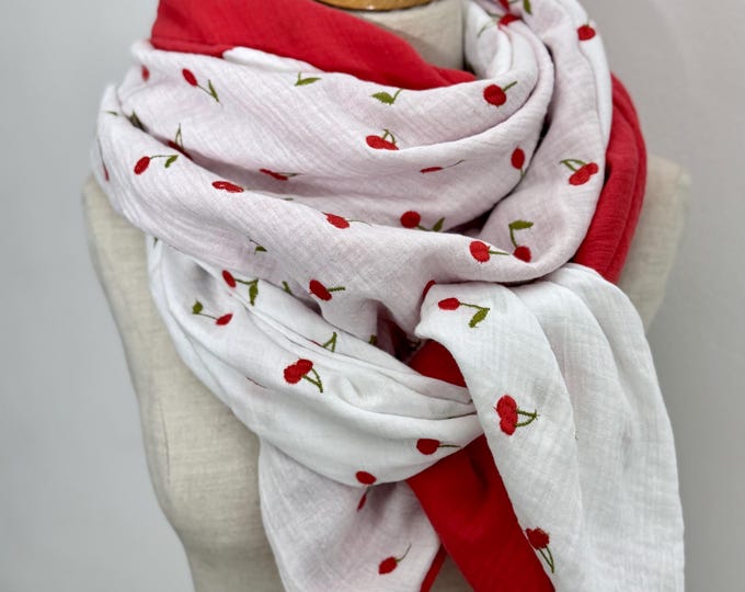Triangular Scarf XXL Wrap Scarf Loop Scarf Muslin Scarf Scarf Stole Summer Scarf Gauze Cherries Red Dots White