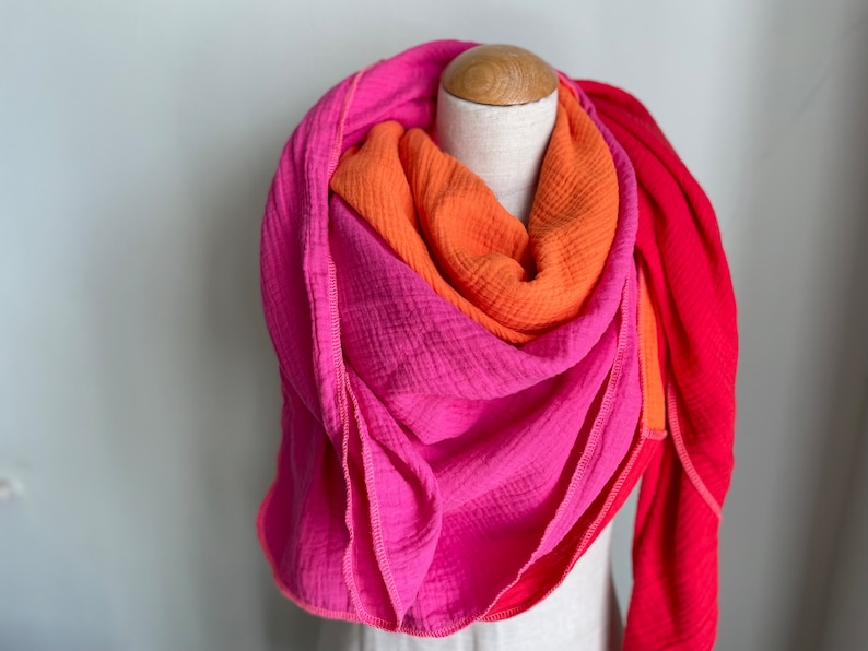 Muslin cloth XXL wrap scarf triangle loop scarf pink fuchsia orange rust pink cotton scarf stole summer scarf triangular scarf image 3