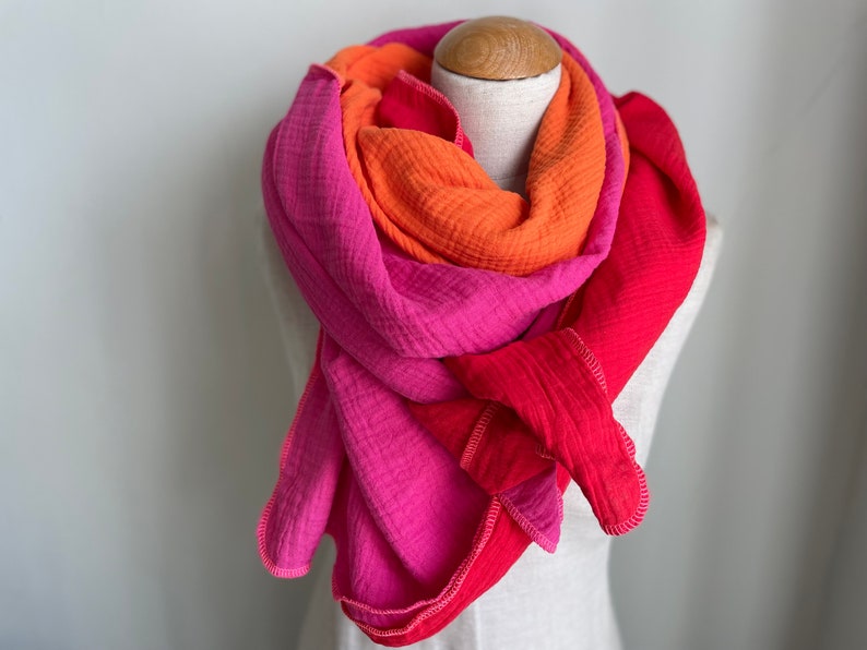 Muslin cloth XXL wrap scarf triangle loop scarf pink fuchsia orange rust pink cotton scarf stole summer scarf triangular scarf image 2