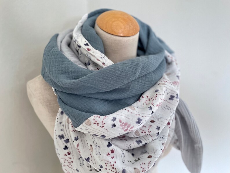 Muslin cloth XXL wrap scarf triangle loop scarf beige blue blue gray dust pastel tone cotton scarf stole summer cloth triangular scarf image 8