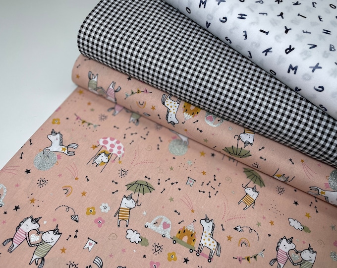 Cotton fabric pink apricot silver glitter pastel cotton fabric package combination fabrics check Vichy unicorn children letters school cone sewing