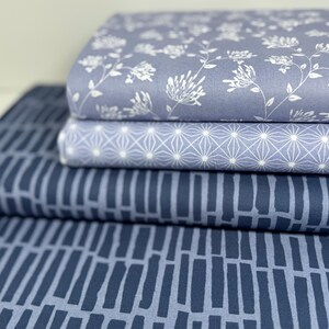 Fabric Patchwork Cotton Blue Graphic Stripes Lines Flowers Blue-Gray Lavender Navy