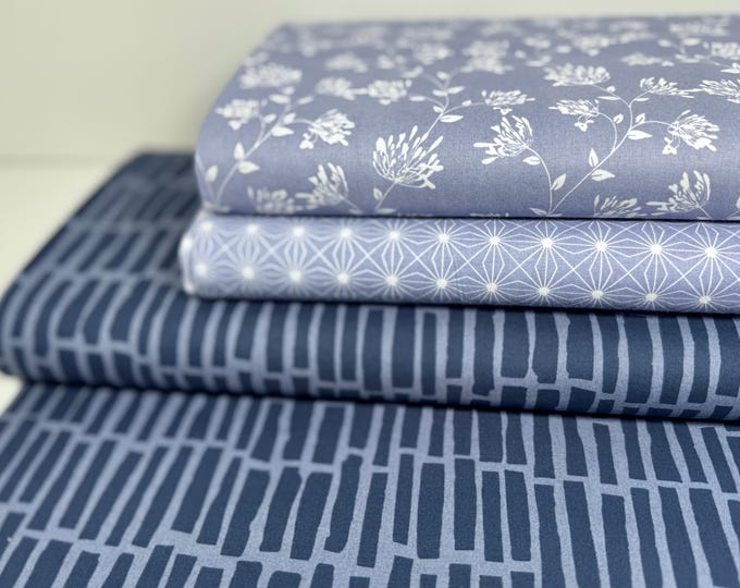 Fabric Patchwork Cotton Blue Graphic Stripes Lines Flowers Blue-Gray Lavender Navy