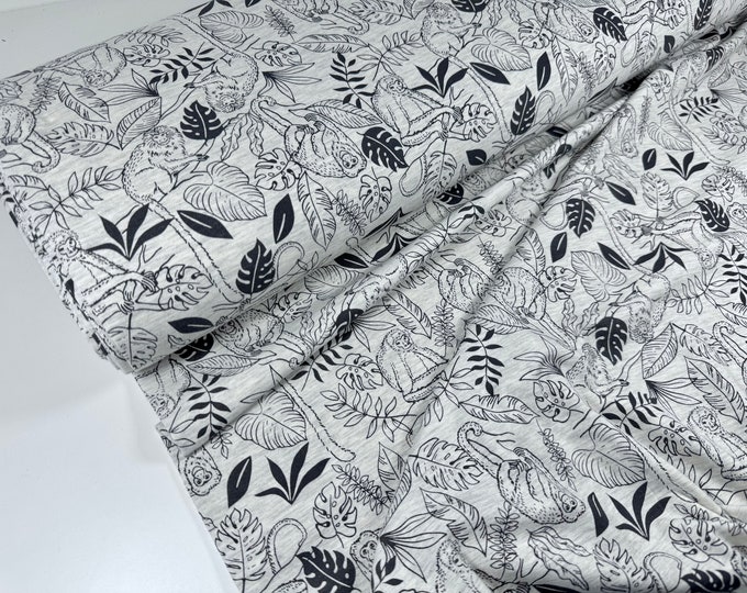 SALE 1 Meter Jersey Cotton Black Grey Nature Monkeys Jungle Children's Fabric Zoo Animals Elastane