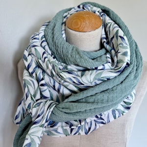 Muslin cloth XXL wrap scarf triangle loop scarf green reed blue dusty green pastel tone cotton scarf stole summer scarf triangular scarf