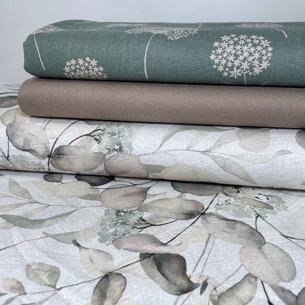 Tissu de décoration toile sac tissu coton au mètre vert beige marron fleurs taupe feuilles