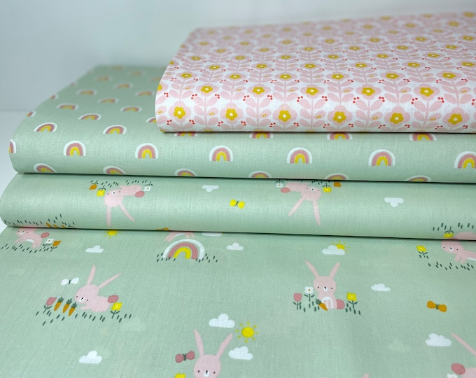 Cotton Fabric Rainbow Rabbits Sold by the Meter Patchwork Mint Pastel Green Easter