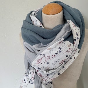 Muslin cloth XXL wrap scarf triangle loop scarf beige blue blue gray dust pastel tone cotton scarf stole summer cloth triangular scarf image 9